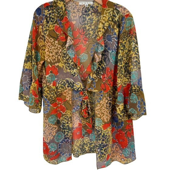 Cabi Women's Floral Shakespeare ruffle duster topper Tie Front size Medium - Picture 1 of 9